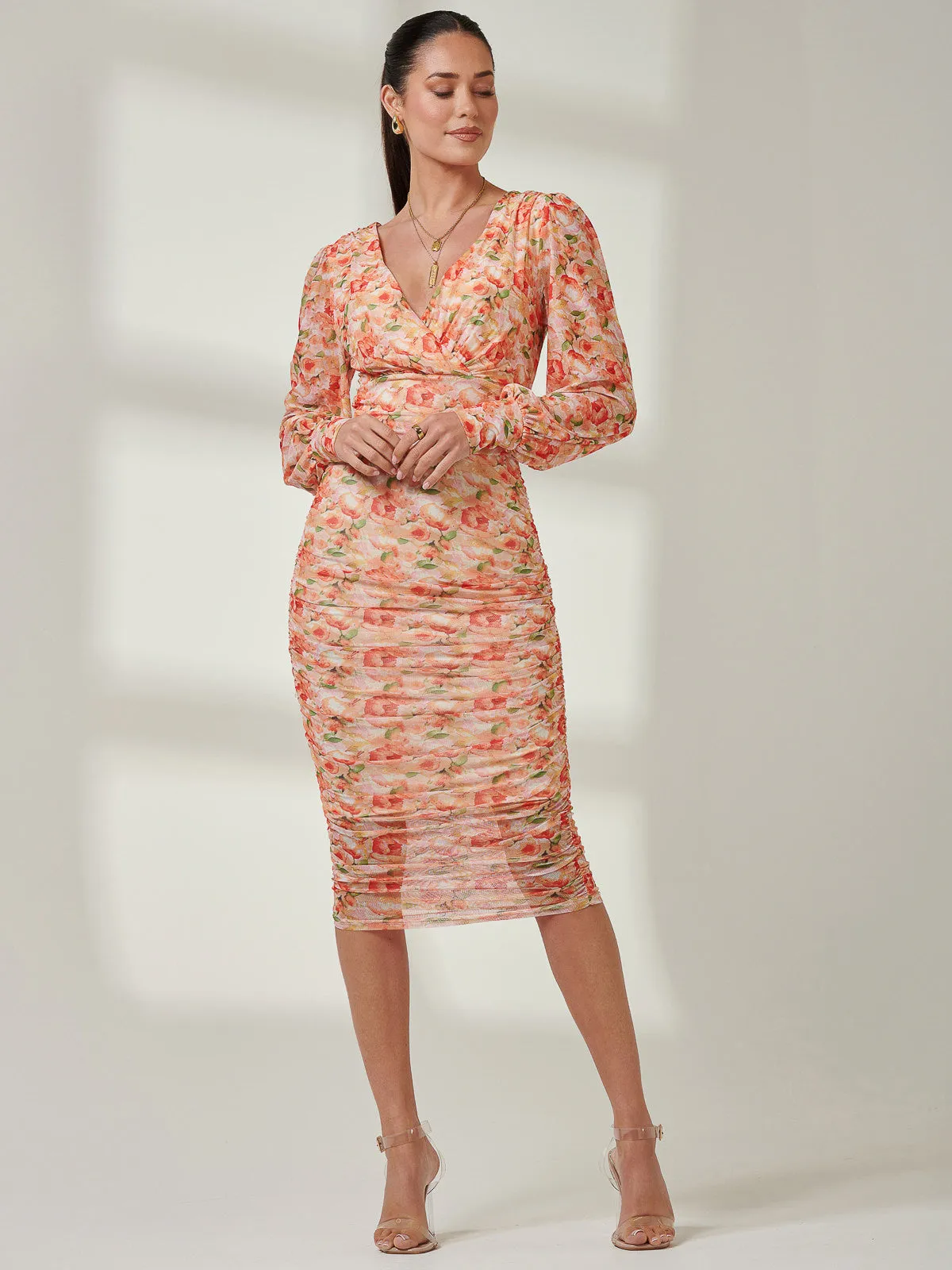 Long Sleeve Ruched Mesh Midi Dress, Orange Multi