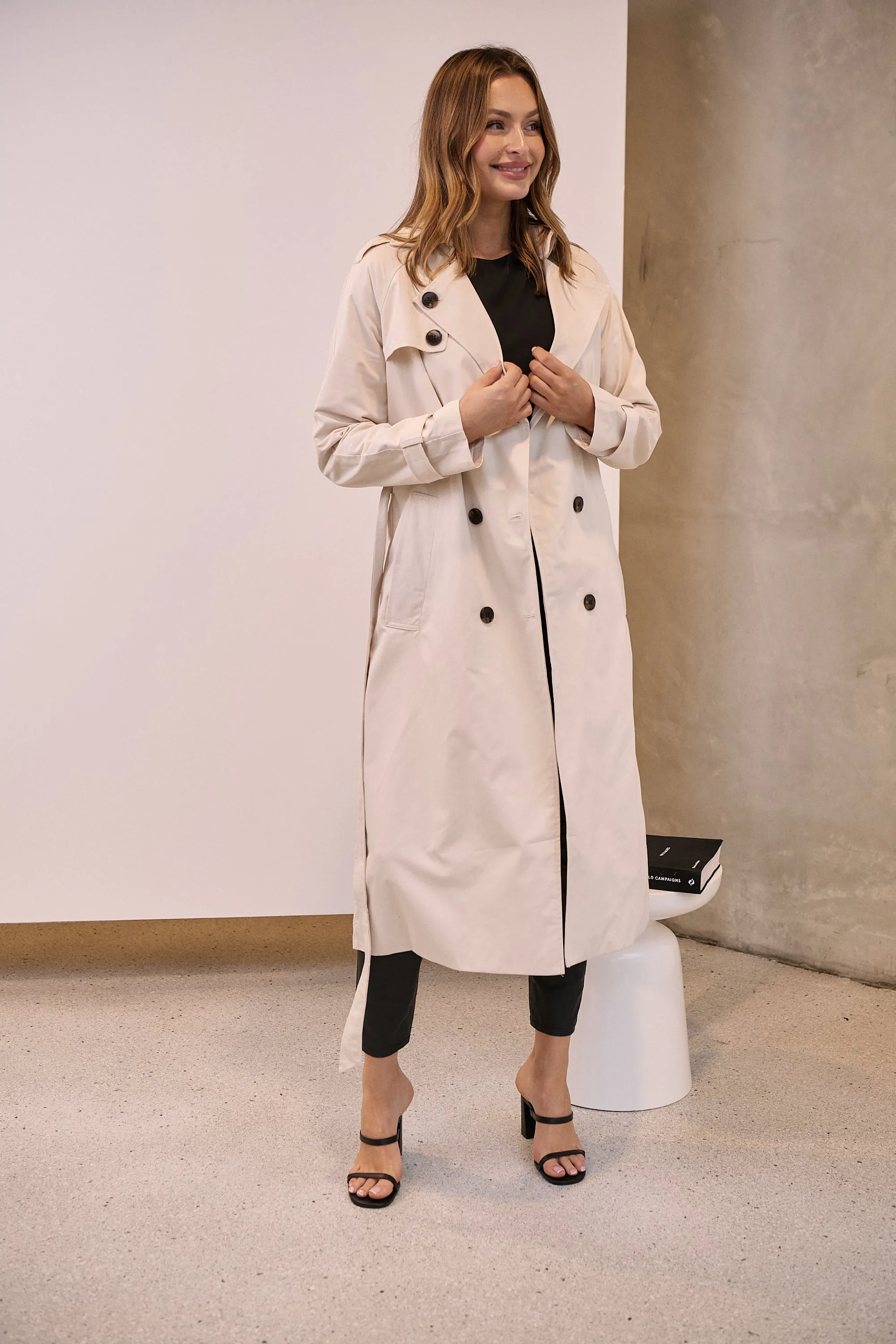 Loretta Beige Tie waist Trench Coat