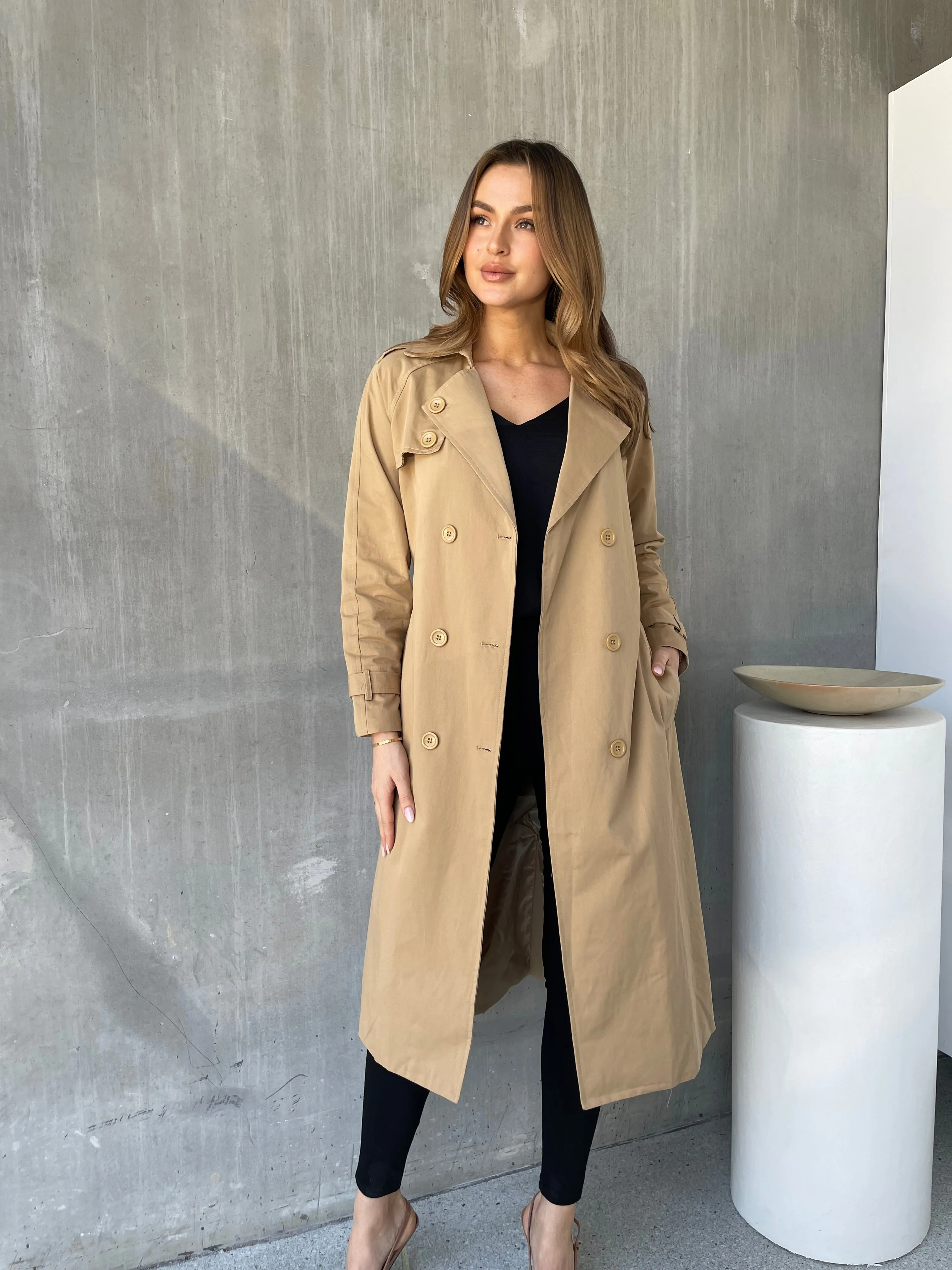 Loretta Camel Tie Waist Trench Coat