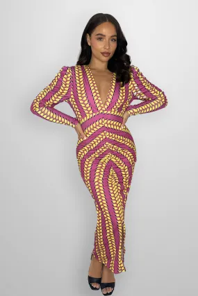 Low Cut Neck Puff Sleeve Contrast Print Ruched Long Bodycon Dress