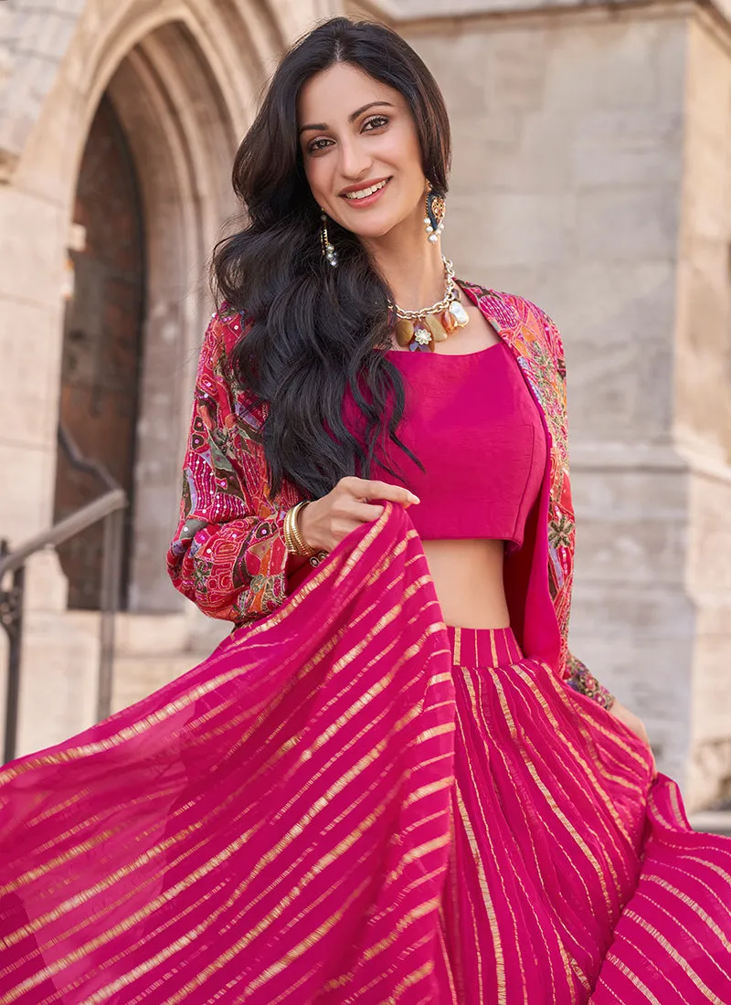 Magenta Pink Floral Embroidered Jacket Style Lehenga