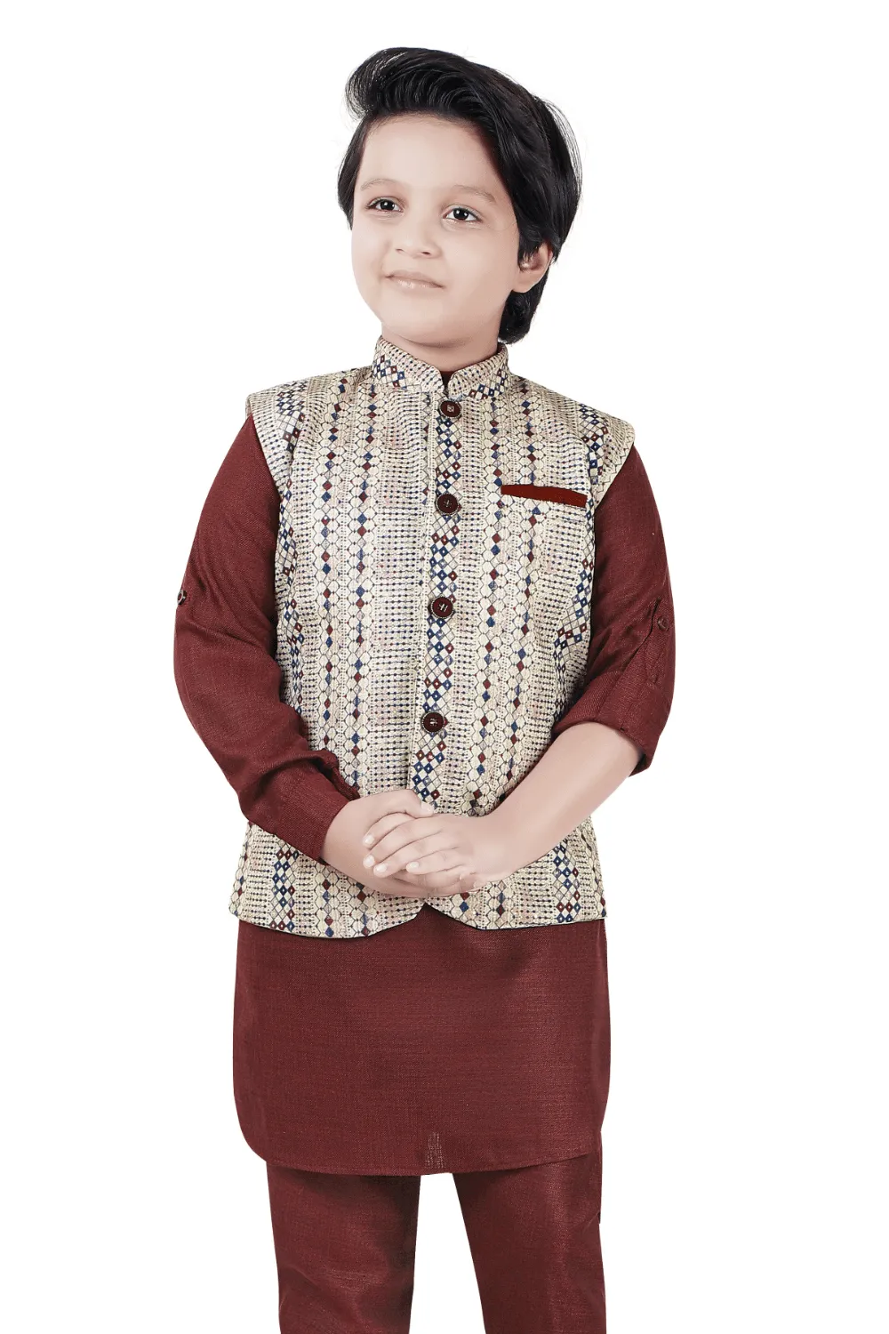 Maroon with Multicolor Digital Print and Thread Weaving work Waist Coat Kurta Set for Boys