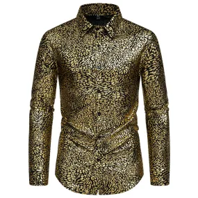 Men Leopard Patterns Glossy Turnover Collar Long Sleeves Shirt