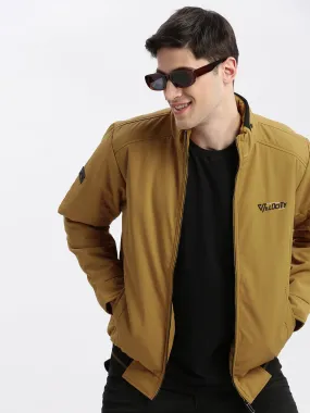 Men Solid Mock Collar Mustard Bomber Jacket