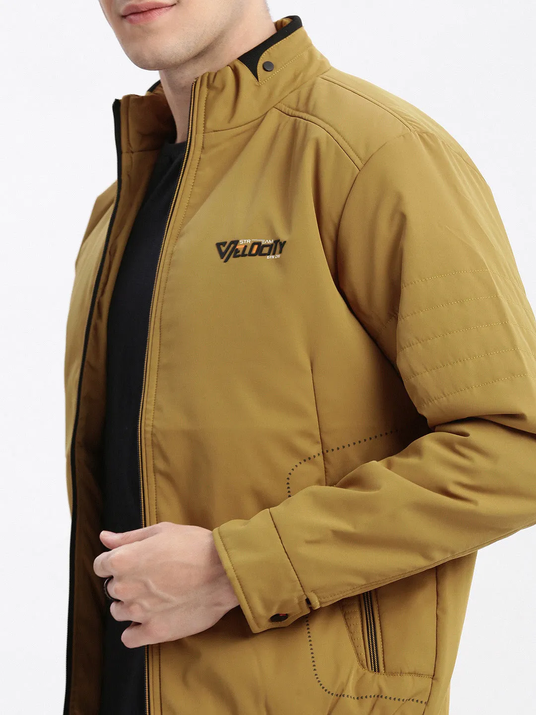 Men Solid Mock Collar Mustard Bomber Jacket