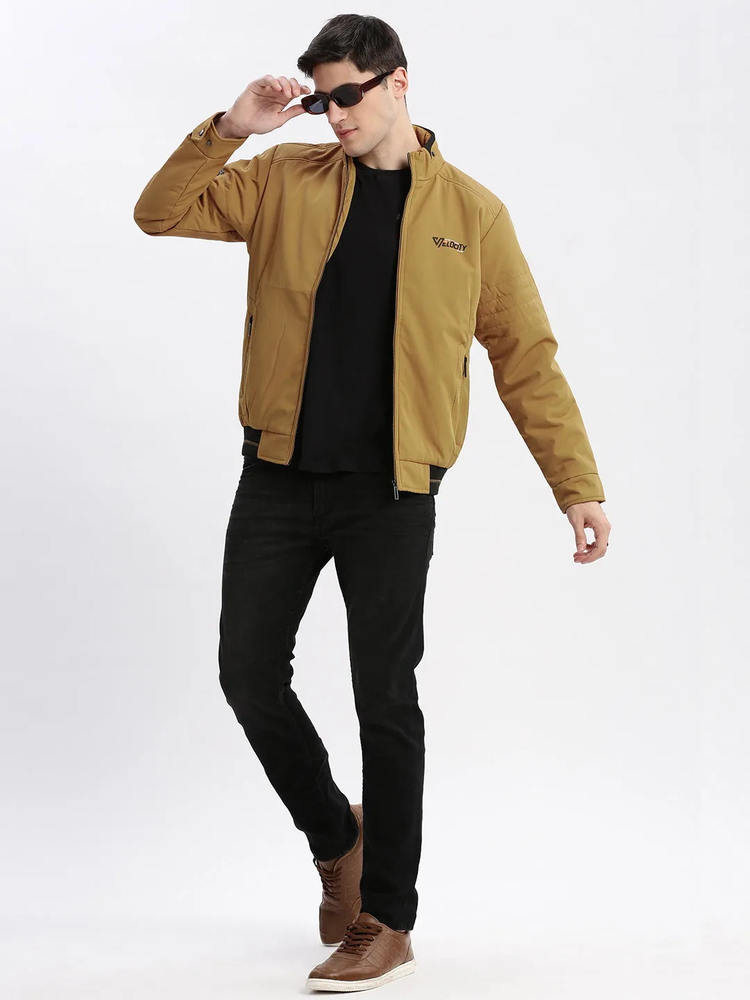 Men Solid Mock Collar Mustard Bomber Jacket