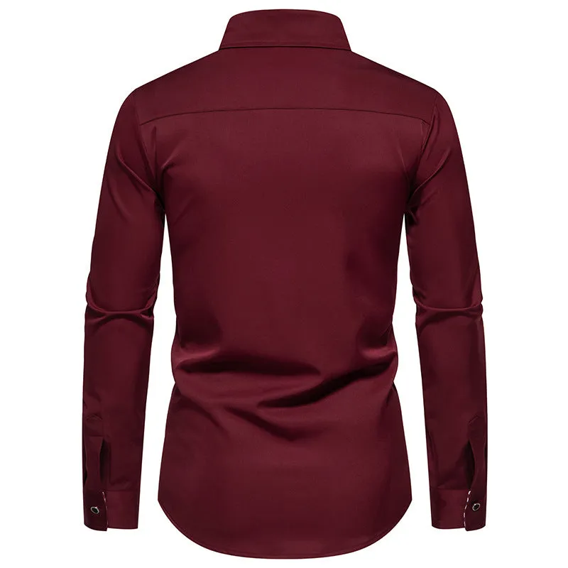 Men Turnover Collar Bicolor Lattice Long Sleeves Shirt