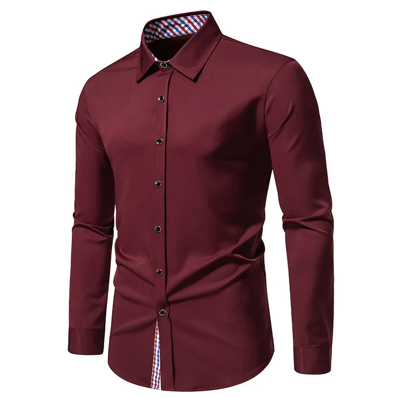 Men Turnover Collar Bicolor Lattice Long Sleeves Shirt