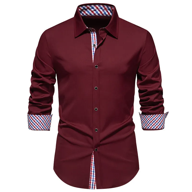 Men Turnover Collar Bicolor Lattice Long Sleeves Shirt