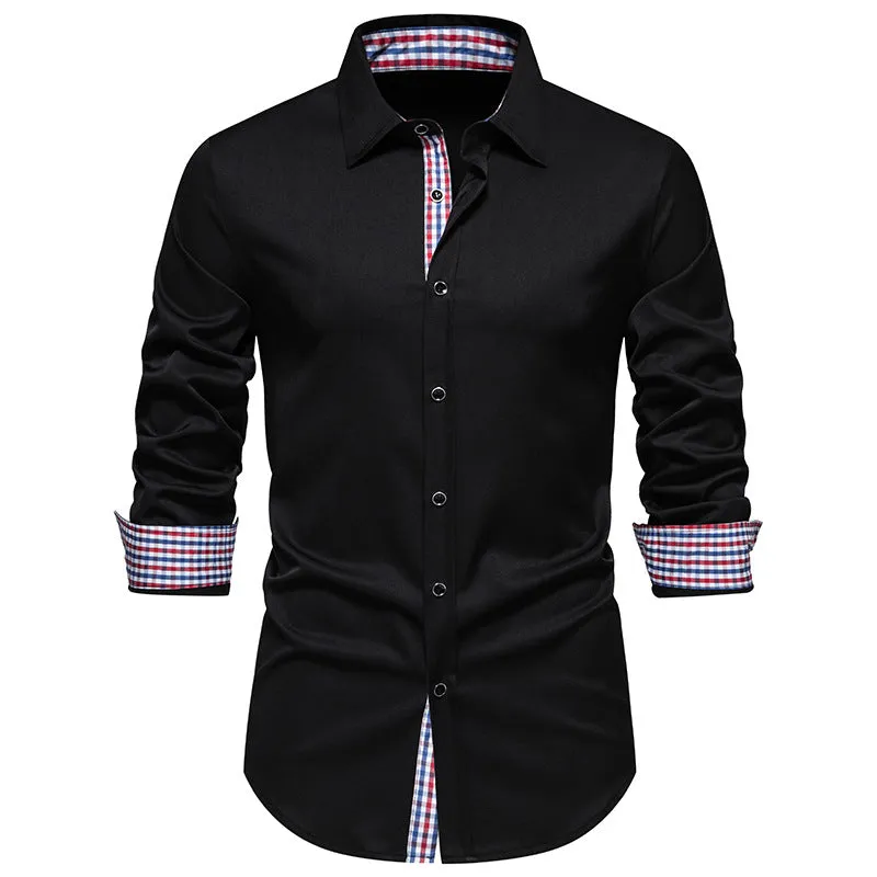 Men Turnover Collar Bicolor Lattice Long Sleeves Shirt