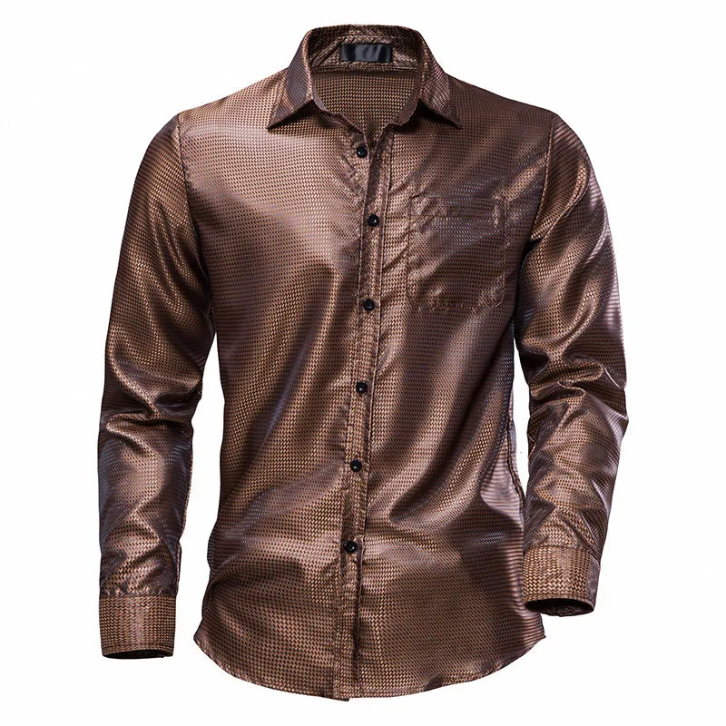 Men Turnover Collar Glossy Long Sleeves Shirt