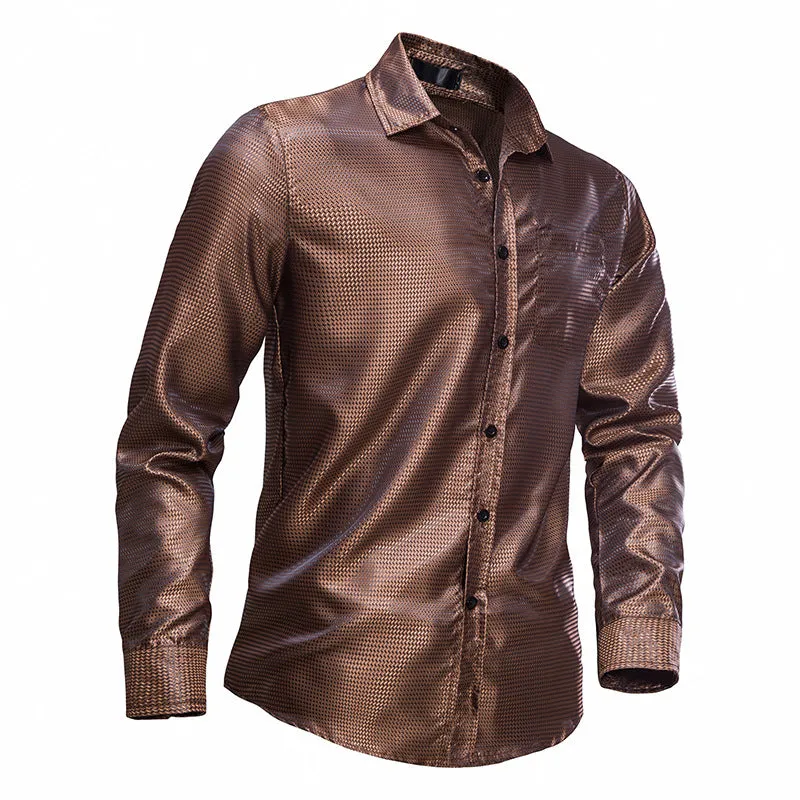 Men Turnover Collar Glossy Long Sleeves Shirt