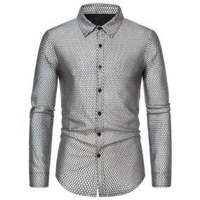 Men Turnover Collar Lattice Glossy Long Sleeves Shirt