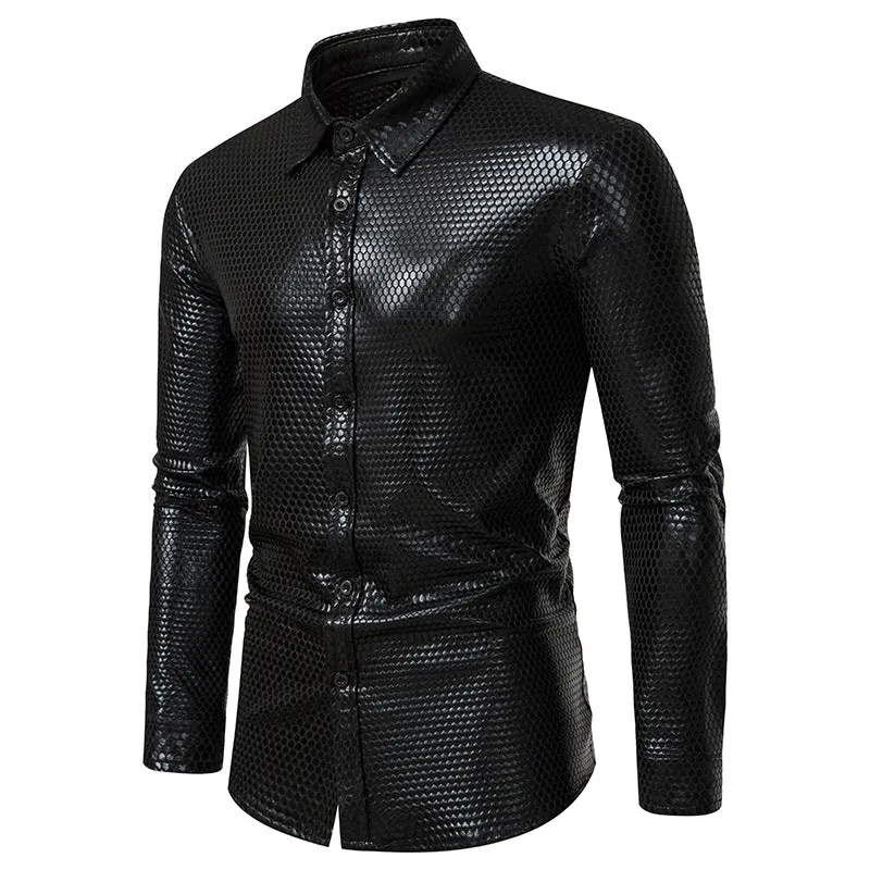 Men Turnover Collar Lattice Glossy Long Sleeves Shirt