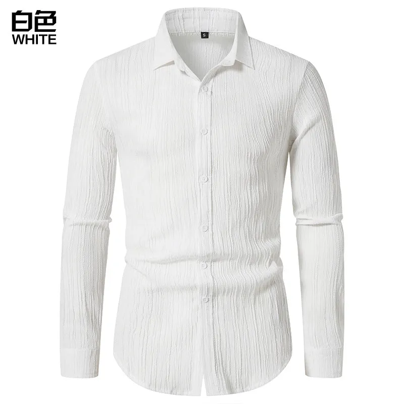 Men Turnover Collar Stripes Long Sleeves Shirt