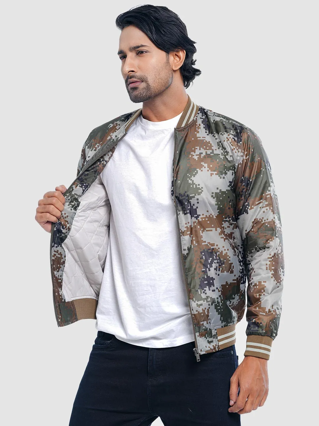 Men's Casual Bomber Jacket in Olive Camo