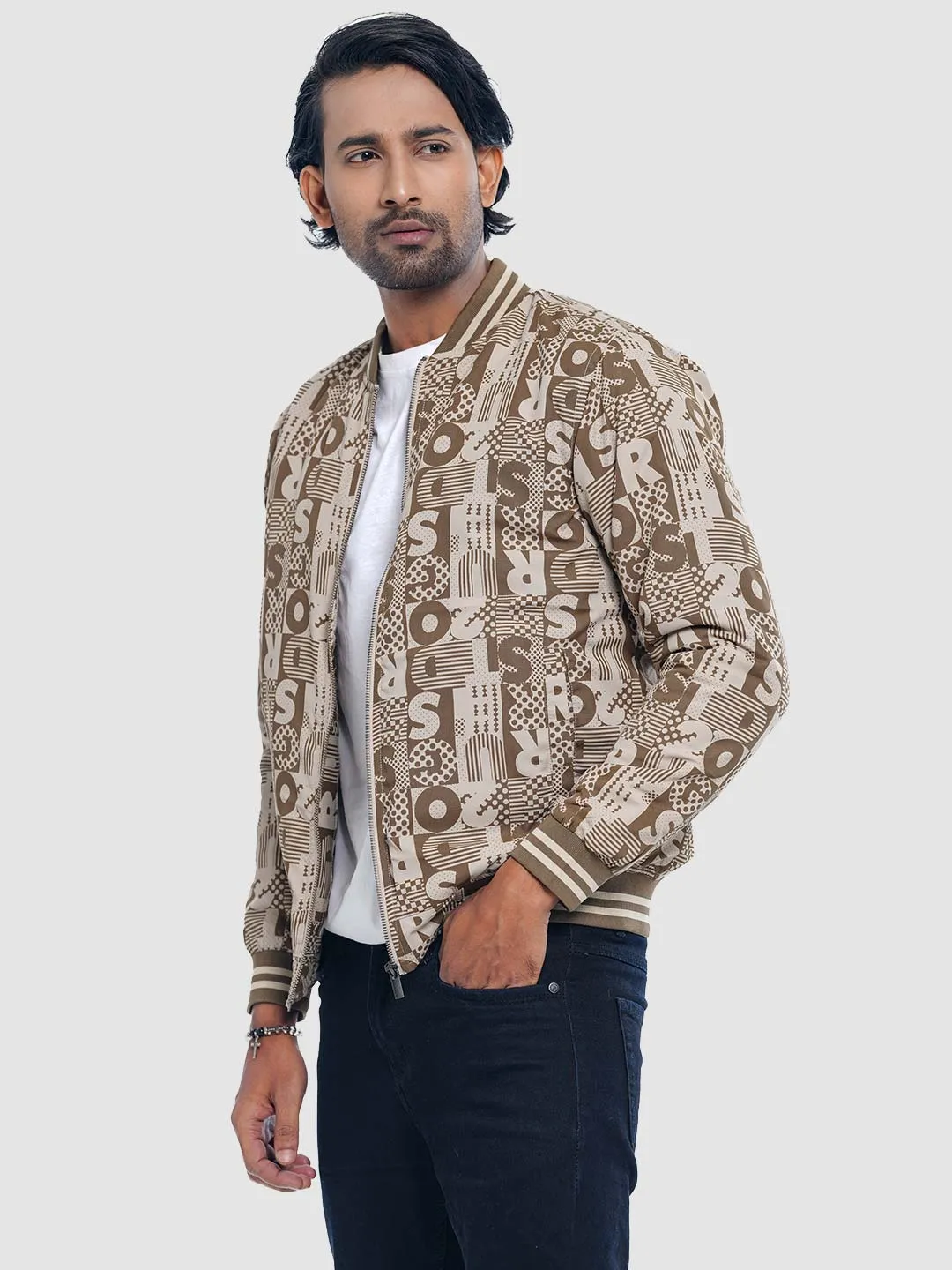 Men's Casual Bomber Jacket in Typography Print