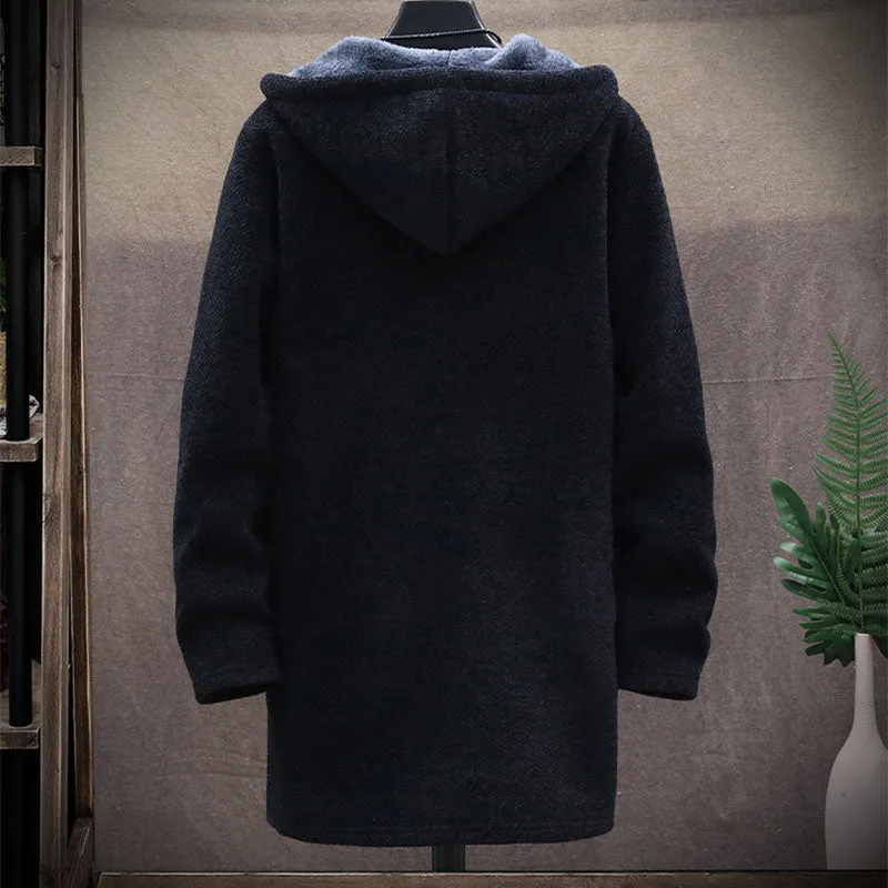 Men's Fleece Sweater Mid Length Hooded Trench Coat