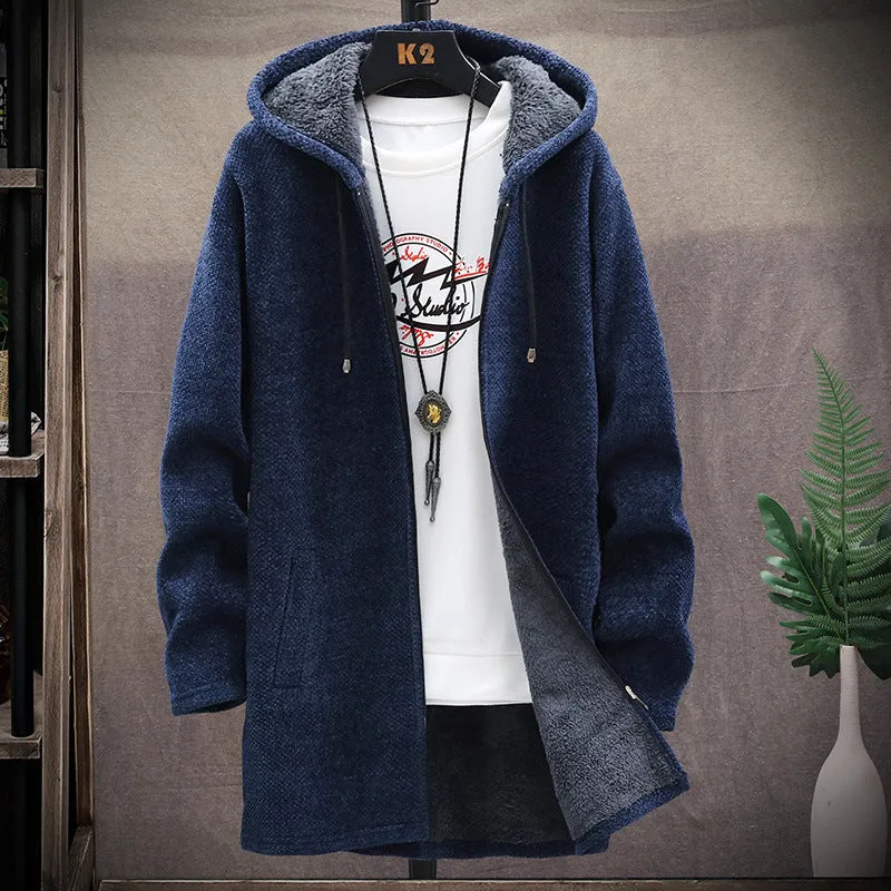 Men's Fleece Sweater Mid Length Hooded Trench Coat