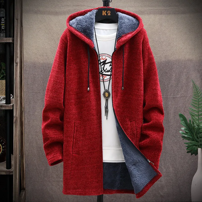 Men's Fleece Sweater Mid Length Hooded Trench Coat