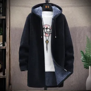 Men's Fleece Sweater Mid Length Hooded Trench Coat