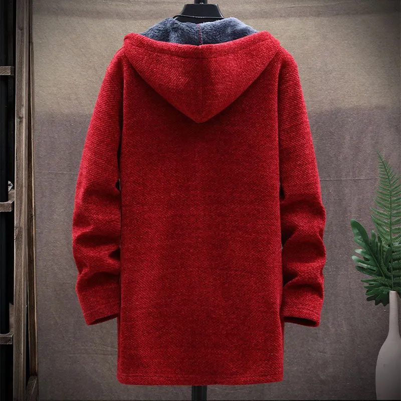 Men's Fleece Sweater Mid Length Hooded Trench Coat