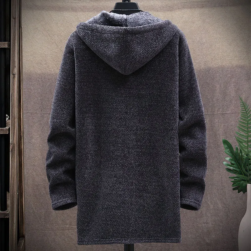 Men's Fleece Sweater Mid Length Hooded Trench Coat