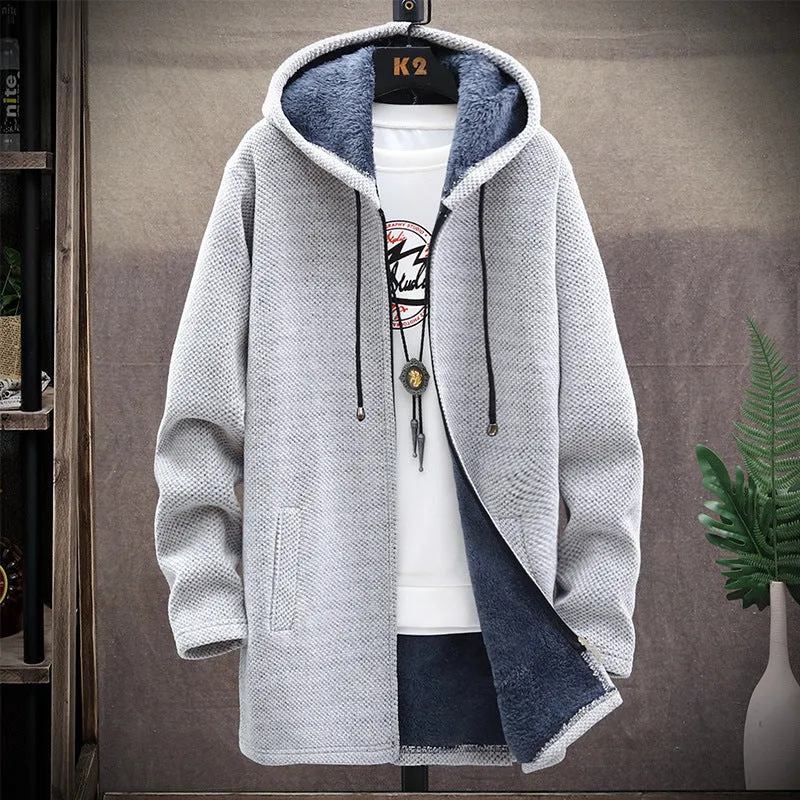 Men's Fleece Sweater Mid Length Hooded Trench Coat