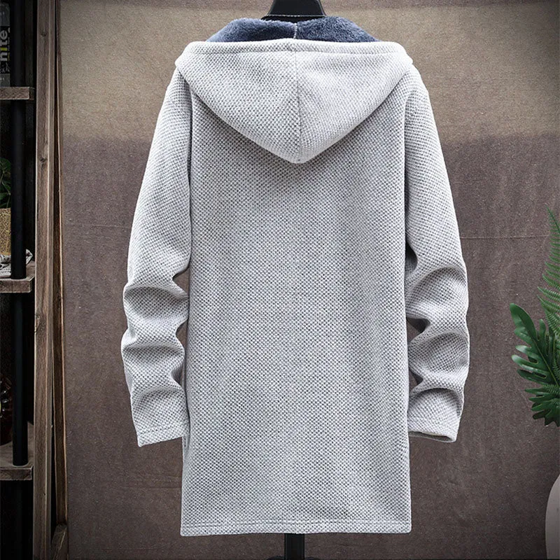 Men's Fleece Sweater Mid Length Hooded Trench Coat