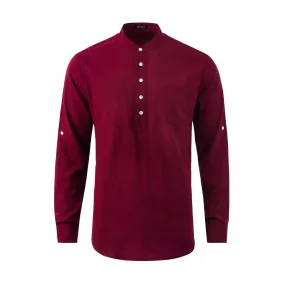 Men‘s Henley Shirt Cotton Linen with Pocket - BURGUNDY