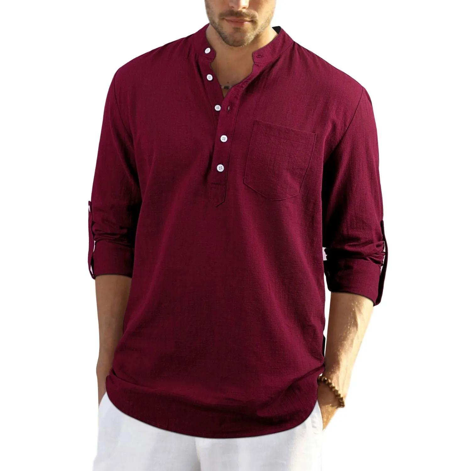 Men‘s Henley Shirt Cotton Linen with Pocket - BURGUNDY