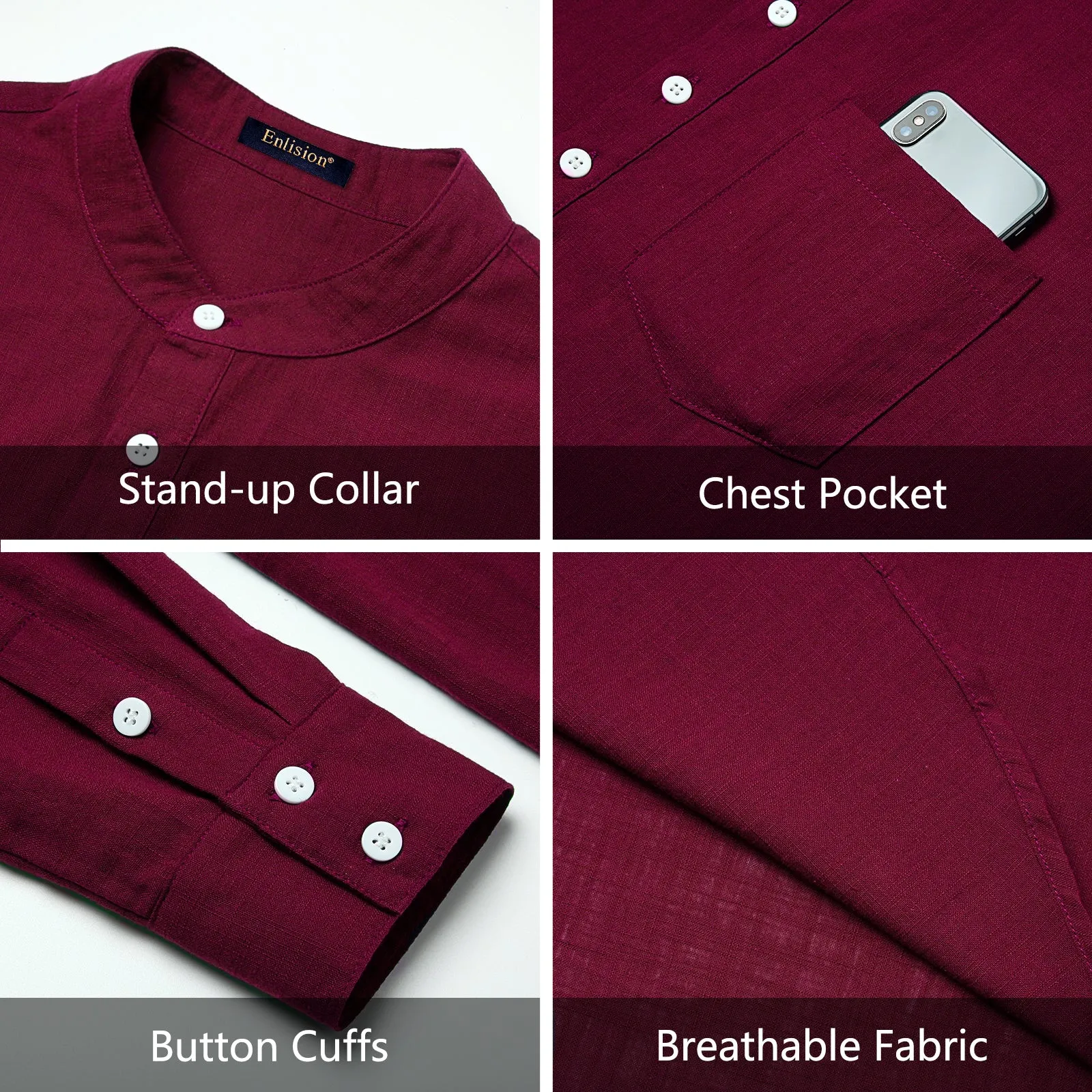 Men‘s Henley Shirt Cotton Linen with Pocket - BURGUNDY