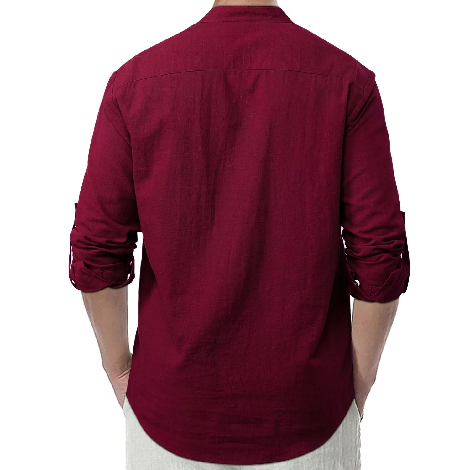 Men‘s Henley Shirt Cotton Linen with Pocket - BURGUNDY