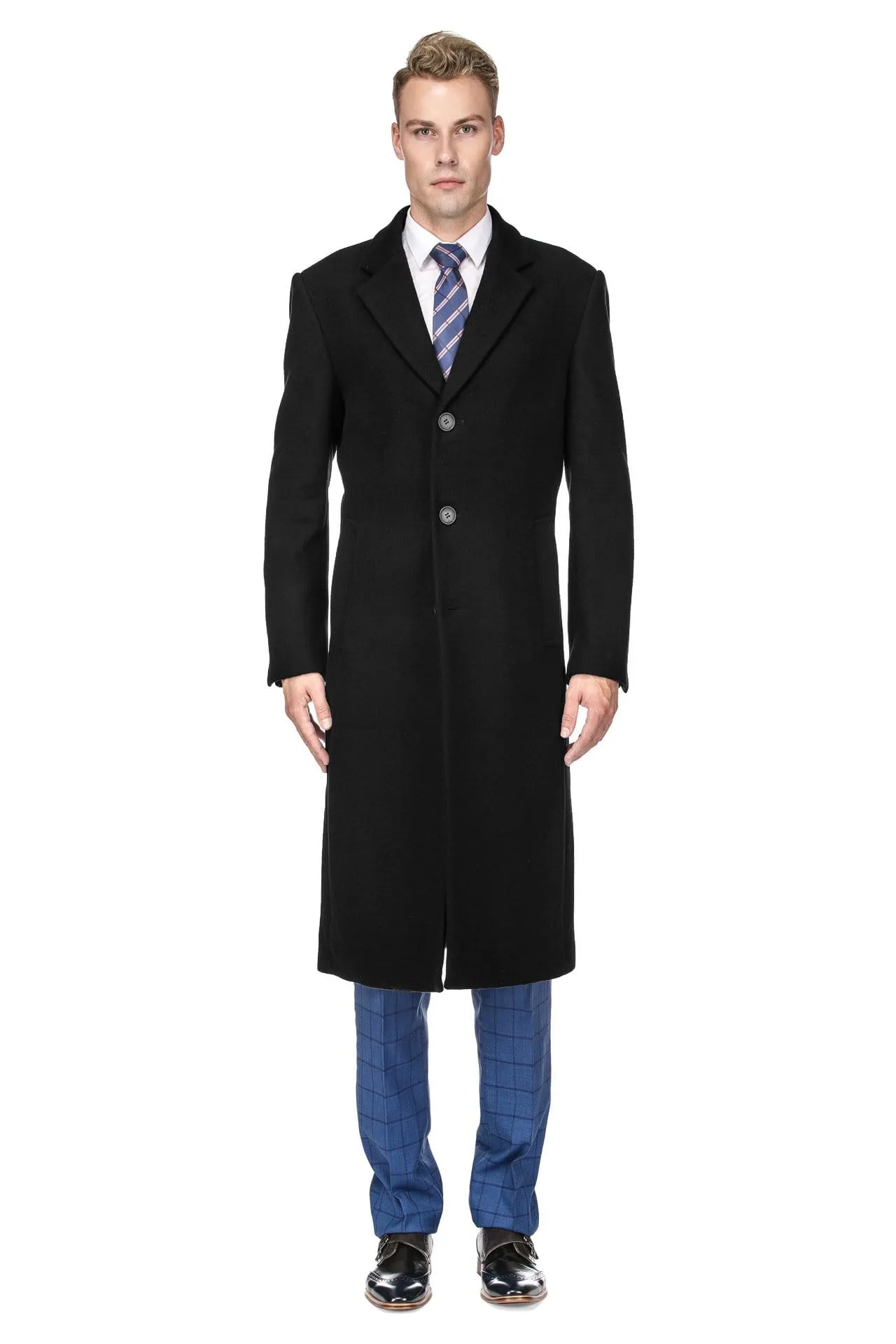 Men's Knee Length Wool Blend Three Button Long Jacket Overcoat Top Coat