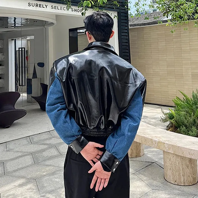 Men's Leather Jacket Denim Patchwork Silhouette Short Coat Loose Fashion Streetwear Korean Style Personaity Clothing 9C2134