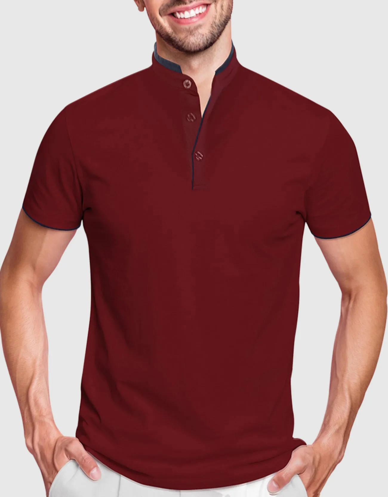 Men's Short Sleeve Henley Polo Shirt with Contrast-Trim