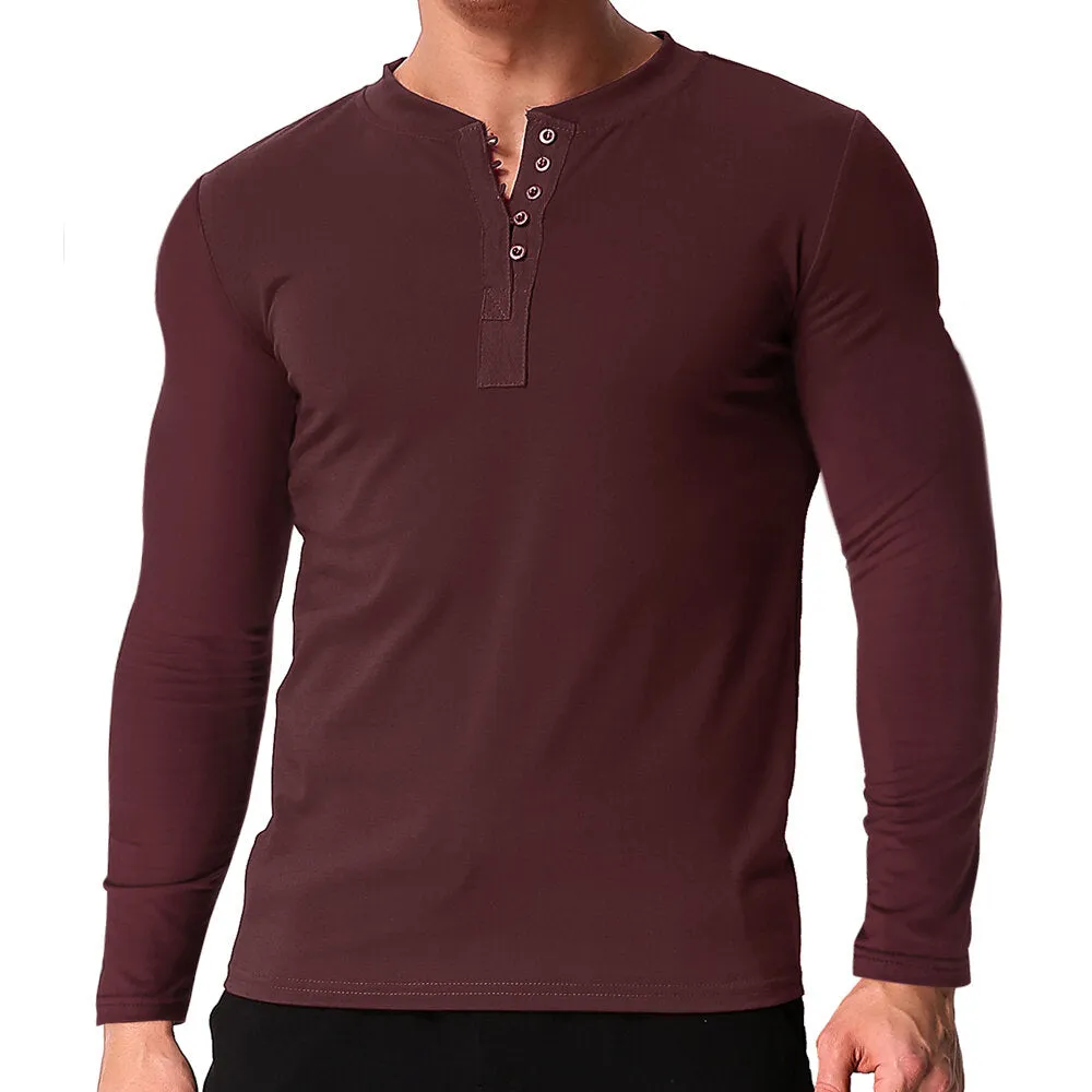 Men's V Neck Long Sleeve Button Tee Casual Slim Fit Comfortable Shirt Camping Hiking Travel