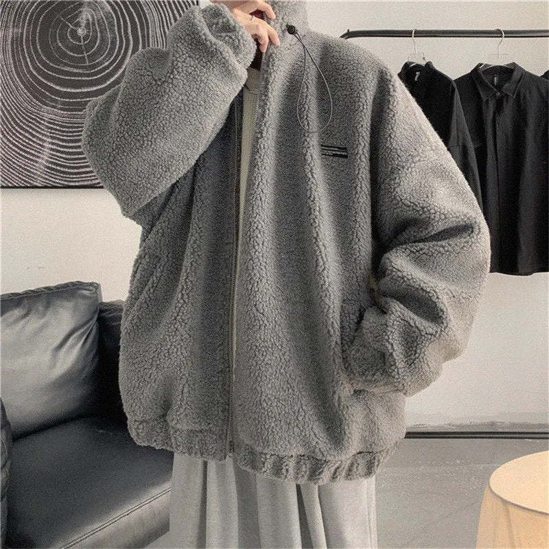 Men's Winter Lamb Wool Warm Oversized Streetwear Harajuku Zipper Outerwear Coat Fashion Casual Solid Youth Jackets Clothing