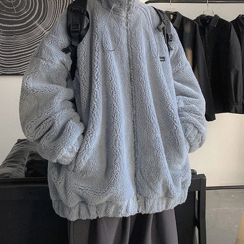 Men's Winter Lamb Wool Warm Oversized Streetwear Harajuku Zipper Outerwear Coat Fashion Casual Solid Youth Jackets Clothing