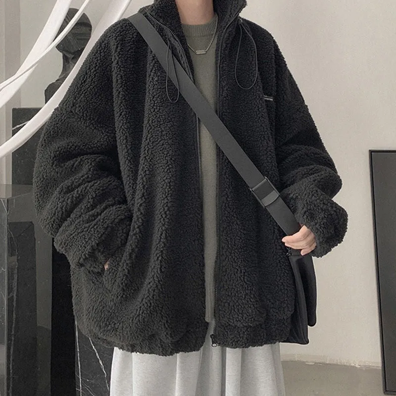 Men's Winter Lamb Wool Warm Oversized Streetwear Harajuku Zipper Outerwear Coat Fashion Casual Solid Youth Jackets Clothing