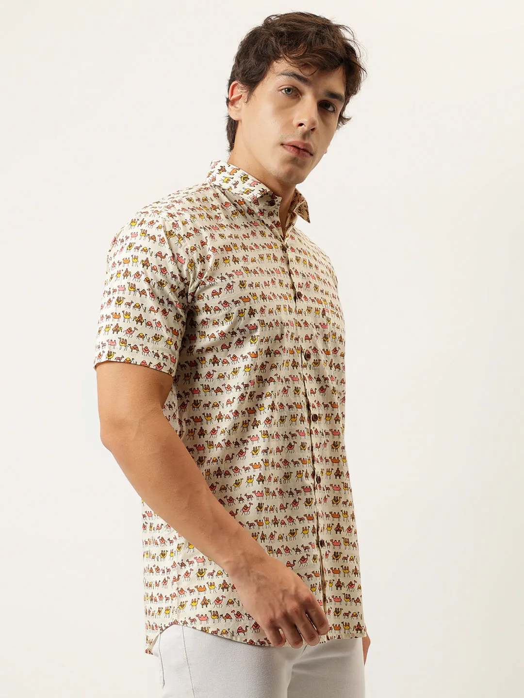 Millennial Men Cream Printed Cotton Half Sleeve Shirts