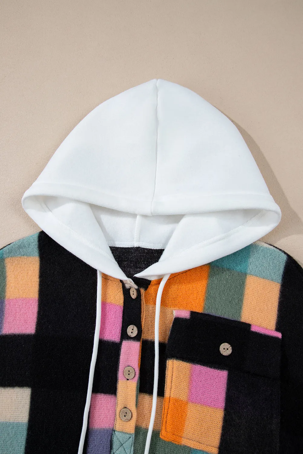 Multicolour Plaid Color Block Flap Pocket Buttoned Hoodie