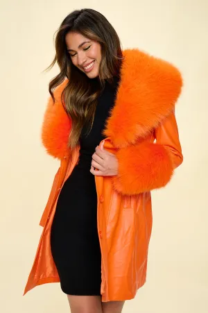 Orange Faux Leather Trench Coat With Faux Fur Collar