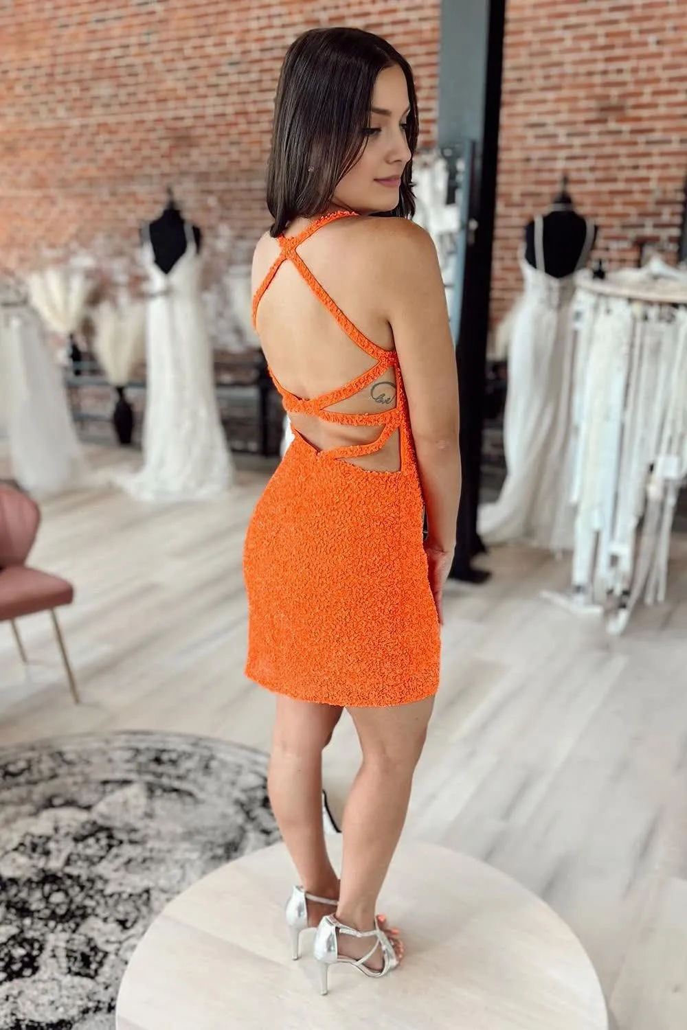 Orange V Neck Sequins Homecoming Dress