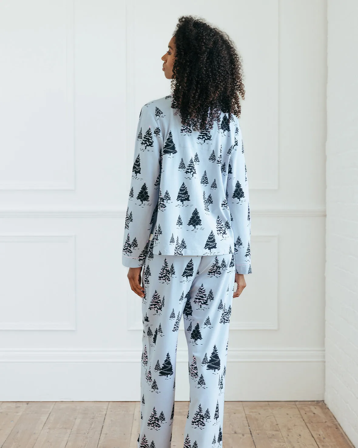 Organic Cotton Christmas Tree Print Long Pyjama Set - Blue