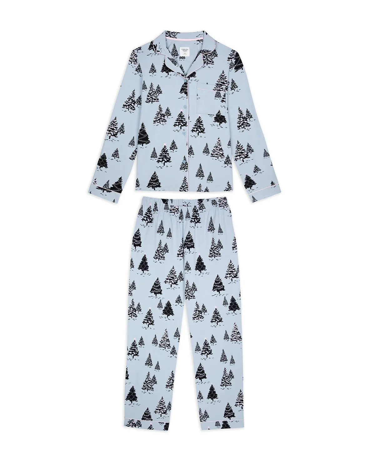 Organic Cotton Christmas Tree Print Long Pyjama Set - Blue