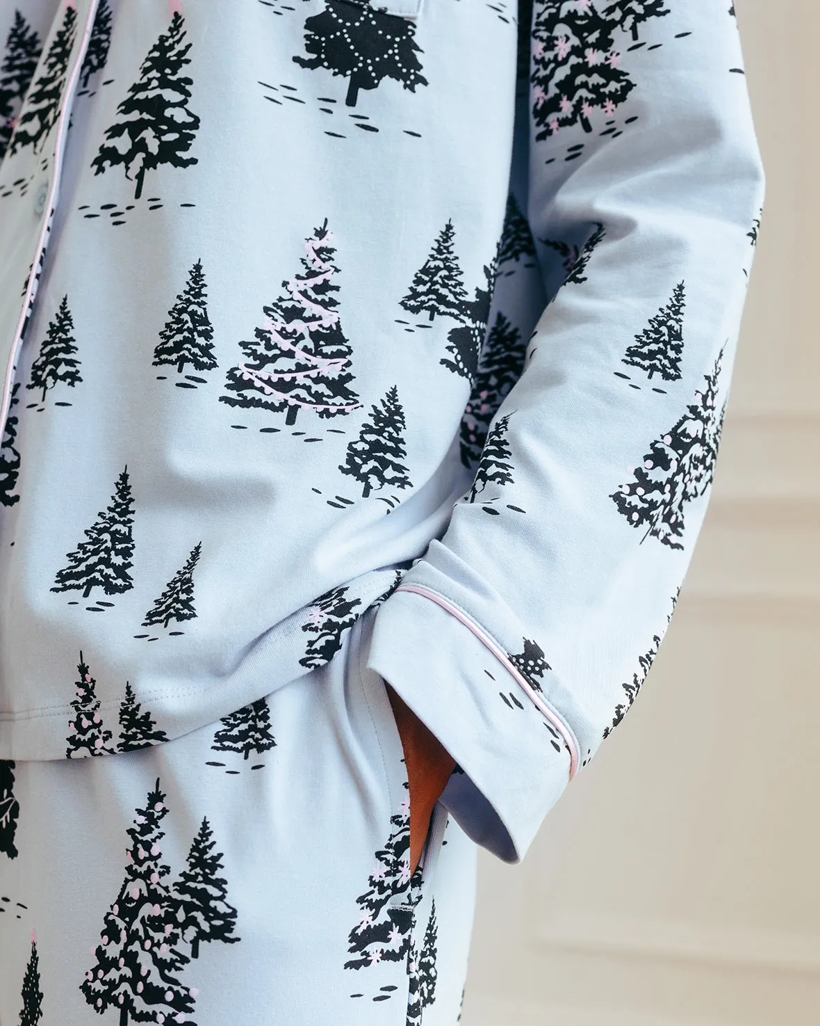 Organic Cotton Christmas Tree Print Long Pyjama Set - Blue