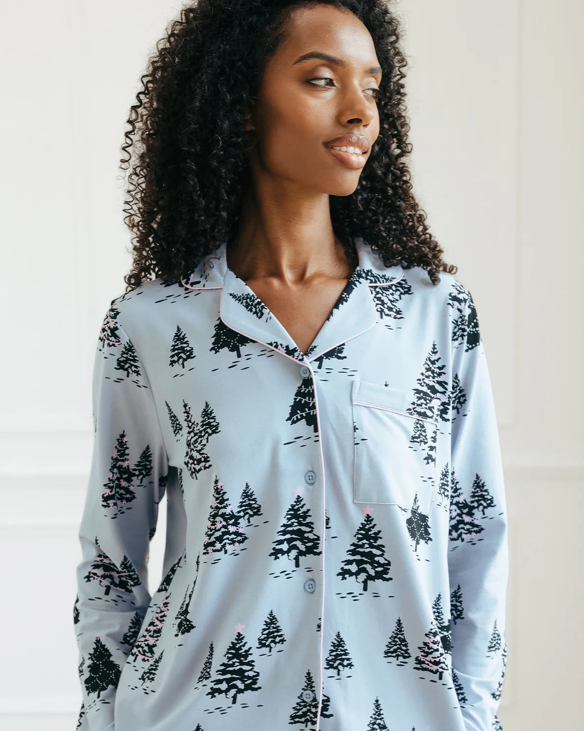 Organic Cotton Christmas Tree Print Long Pyjama Set - Blue