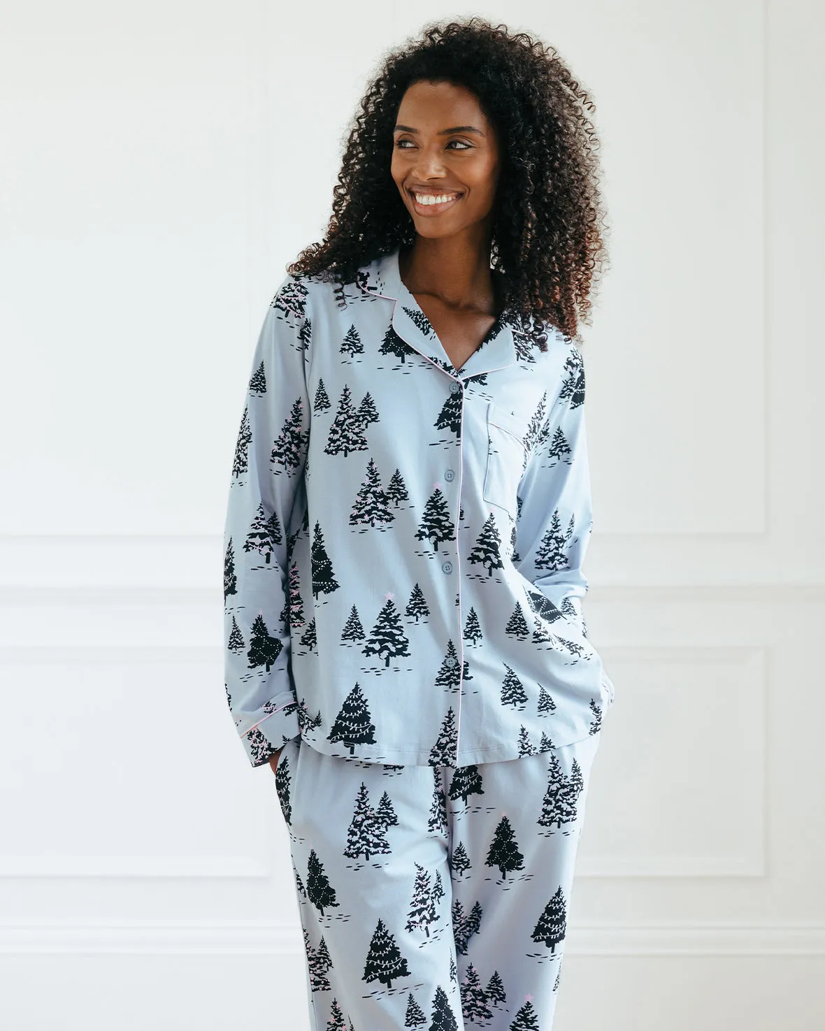 Organic Cotton Christmas Tree Print Long Pyjama Set - Blue