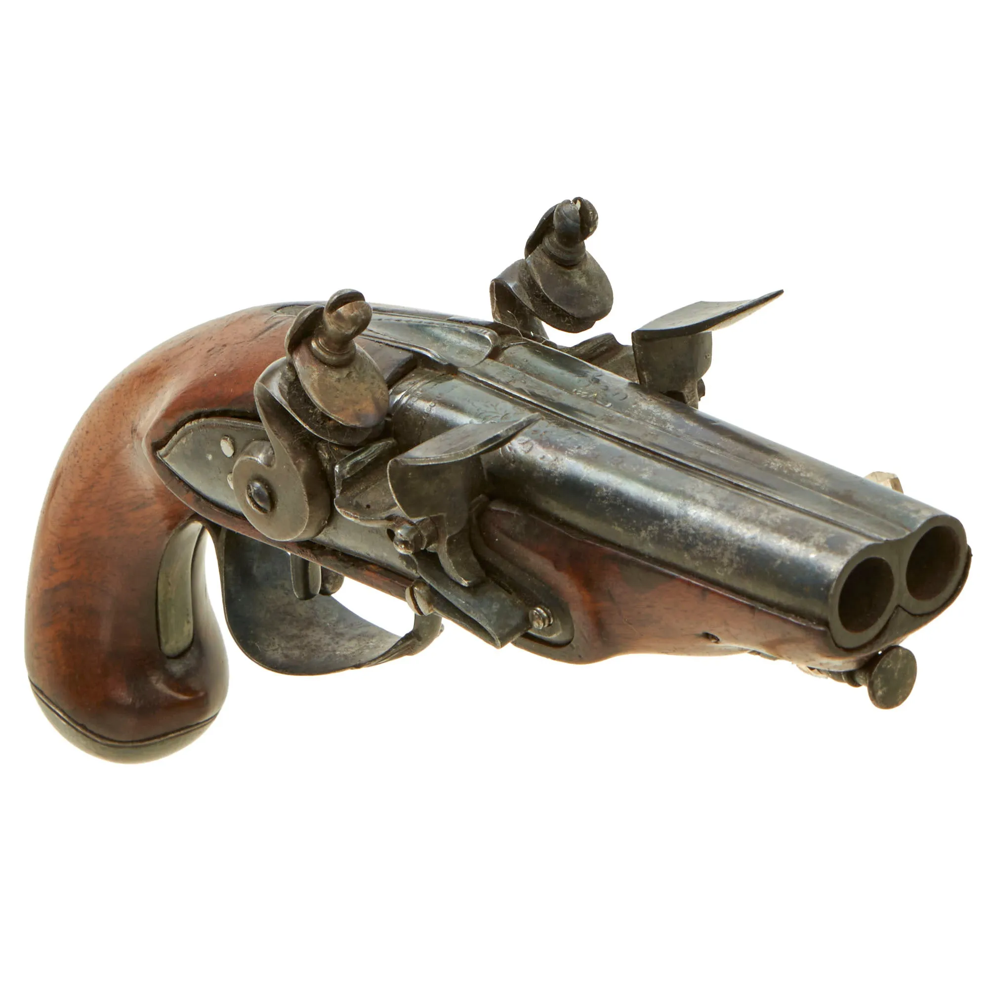 Original 18th Century Continental European Double Barreled Flintlock Overcoat Pistol Belly Gun - Likely Belgian